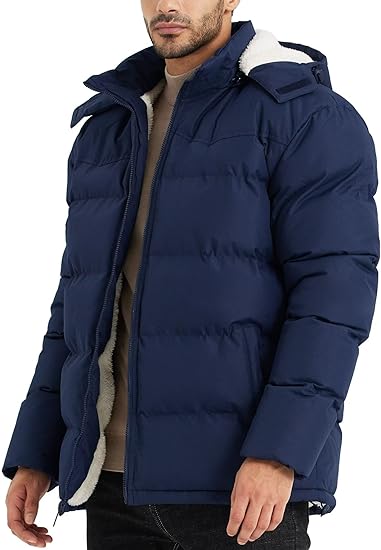 Photo 1 of BEST SOUTH Men's Hooded Winter Puffer Jacket Fleece Warm Bubble Coat Outerwear Cold Weather MED