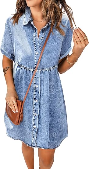 Photo 1 of  Women's Casual Short Sleeve Button Down Tiered Denim Babydoll Jean Dress LG