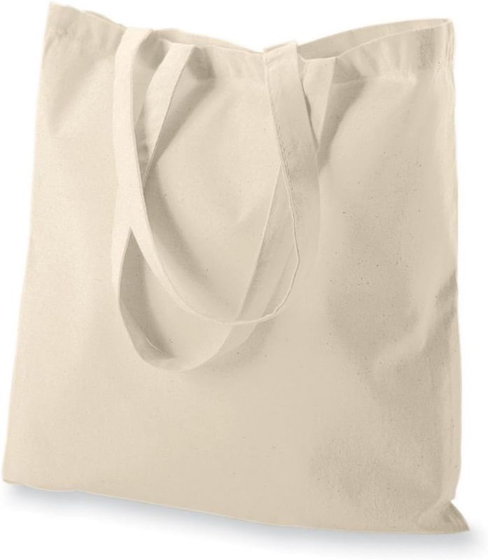 Photo 1 of 12 Pack 15x16 inch with 27" long handle 5 Oz NATURAL color Recycled Cotton Tote Bags Sustainable Eco Friendly reusable grocery super strong...
Color:Natural