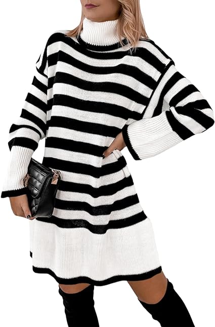 Photo 1 of Langwyqu Women's Striped Turtleneck Sweater Dress Long Sleeve Loose Knit Fall Casual Soft Pullover Sweaters Top lg