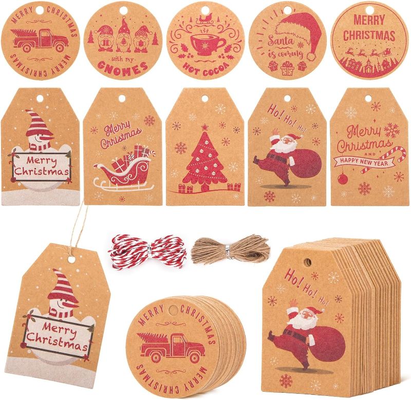 Photo 1 of 11pack    SallyFashion 100PCS Christmas Tags for Gifts, Christmas Hang Labels Gift Tags Kraft Paper Tags for Christmas Presents Name Tags Christmas Tree Decorations
