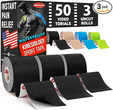 Photo 1 of  (3 Uncut Rolls) Waterproof Kinesiology Tape - Immediate Pain Relief - 16.4ft Runners Tape with Great Adhesion + 50 Video Guides - Latex Free - K Tape Roll
