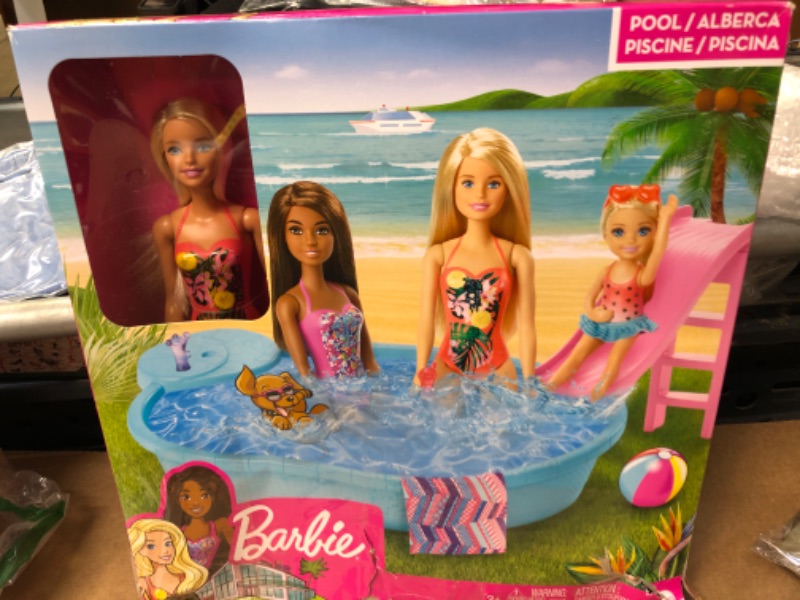 Photo 1 of ?Barbie Doll, 11.5-Inch Blonde, and Pool Playset with Slide and Accessories, Gift for 3 to 7 Year Olds