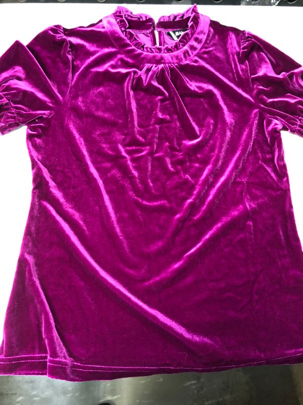 Photo 2 of Allegra K Christmas Ruffle Collar Shirt for Women's Short Sleeve Velvet Tops Blouse XS