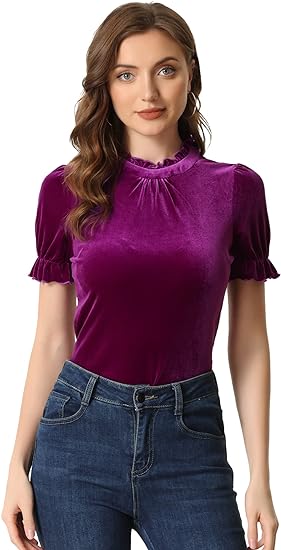 Photo 1 of Allegra K Christmas Ruffle Collar Shirt for Women's Short Sleeve Velvet Tops Blouse XS