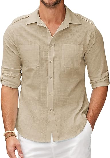 Photo 1 of COOFANDY Men's Cotton Linen Shirt Long Sleeve Casual Button Down Summer Beach Plain T Shirts with Pockets MED