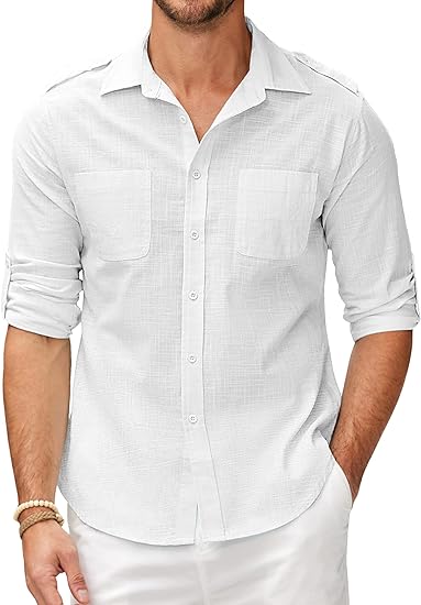 Photo 1 of COOFANDY Men's Cotton Linen Shirt Long Sleeve Casual Button Down Summer Beach Plain T Shirts with Pockets