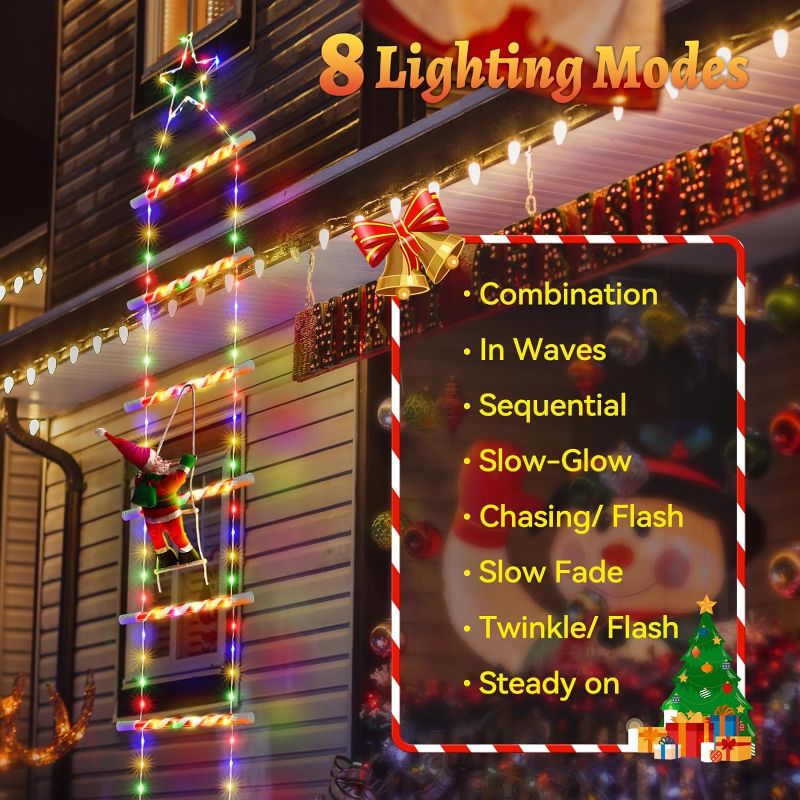 Photo 1 of 2023 Newest Outdoor Christmas Decorations, 10ft Solar Christmas Ladder Lights with Santa Claus & Top Star, 8 Modes Colorful Waterproof Christmas Decorations Outside Window Wall Roof Xmas Tree Decor