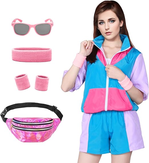 Photo 1 of Alaiyaky 80s Tracksuit Costumes for Women Color Block Windbreaker Outfits Short Sleeve Zip Front Elastic Waist Tracksuit Set 2X