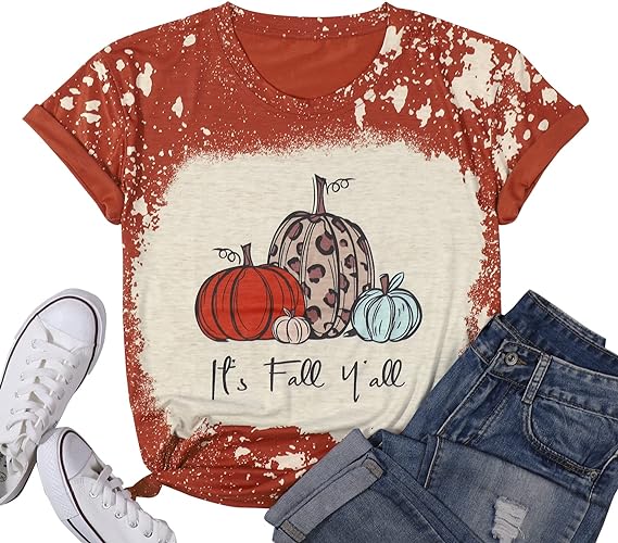 Photo 1 of It's Fall Y'all Shirts Women Halloween Leopard Pumpkin Short Sleeve T-Shirt Thanksgiving Casual Top Tees LG