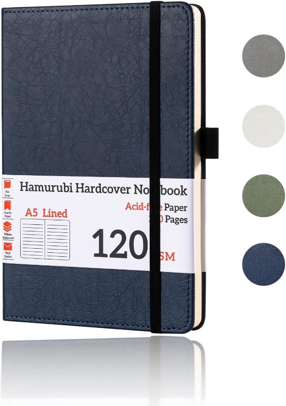 Photo 1 of Hamurubi Hardcover Notebook, Lined, A5 (Blue, 5.75" x 8.25"), 200 Pages, 120 GSM Thick Ink-Proof Paper, Sturdy Cover, Pen Holder, Bookmark, Expandable Inner Pocket, for Business, Study & Journaling