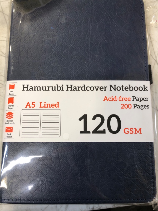 Photo 1 of Hamurubi Hardcover Notebook, Lined, A5 (Blue, 5.75" x 8.25"), 200 Pages, 120 GSM Thick Ink-Proof Paper, Sturdy Cover, Pen Holder, Bookmark, Expandable Inner Pocket, for Business, Study & Journaling