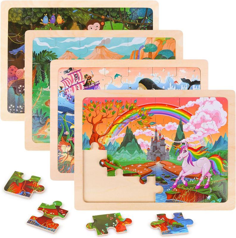 Photo 1 of 4 Packs Wooden Puzzles for Kids Ages 3-6 Toddler 4 in 1 Jigsaw Puzzles 24 PCS Preschool Learning Educational Brain Teaser Boards Toys Children Gifts for 3 4 5 6 Year Old Boys Girls