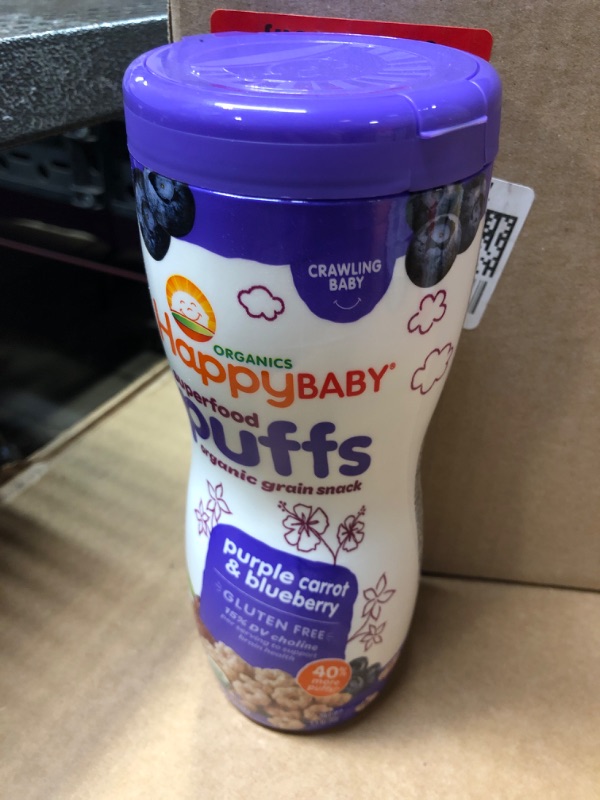 Photo 2 of 1pc--exp date 10/2024    --Happy Baby Organic Superfood Puffs Purple Carrot & Blueberry, 2.1 Ounce Canister Organic Baby or Toddler Snacks, Crunchy Fruit & Veggie Snack, Choline to Support Brain & Eye Health 