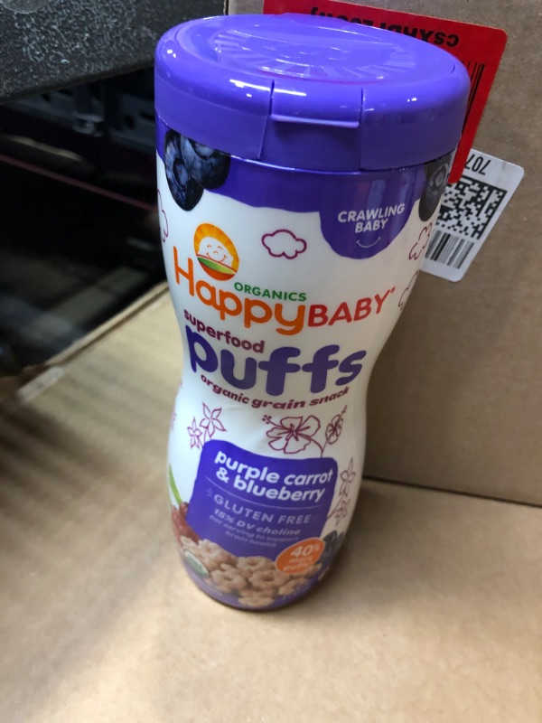 Photo 2 of 1pc--exp date 10/2024      Happy Baby Organic Superfood Puffs Purple Carrot & Blueberry, 2.1 Ounce Canister Organic Baby or Toddler Snacks, Crunchy Fruit & Veggie Snack, Choline to Support Brain & Eye Health