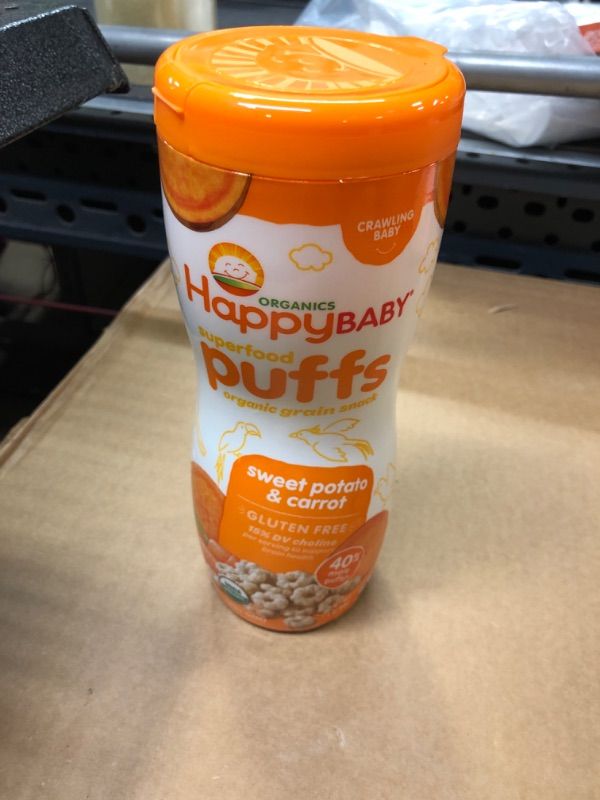 Photo 2 of 1pc--exp date 09/2024   Happy Baby Organic Baby Food Superfood Puffs Sweet Potato & Carrot, 2.1 Ounce Organic Baby or Toddler Snacks, Crunchy Fruit & Veggie Snack, Choline to Support Brain & Eye Health