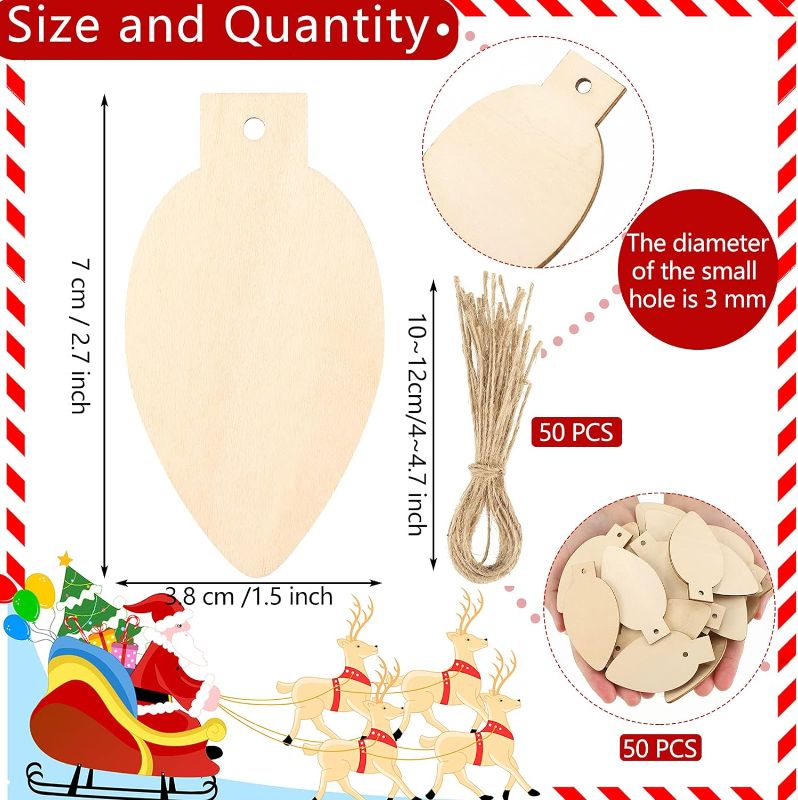 Photo 1 of 50 Pcs Christmas Unfinished Wooden Light Bulb Wooden Slices Blank Christmas Wooden Hanging Decorations with Rope Unfinished Predrilled Wooden Discs for Christmas Crafts DIY Decoration (Wood Color)
