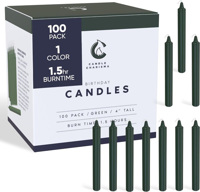 Photo 1 of Candle Charisma 100 Green Spell Candles - 4" Unscented Paraffin Chime Candles, Smokeless & Dripless, Colored Candles, Long Burn Time 0.43" Thick Taper Candles for Rituals, Witchcraft and Parties
