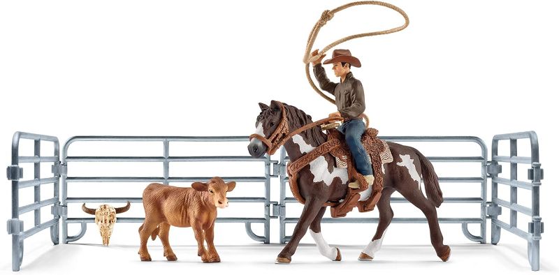 Photo 1 of Schleich Farm World, Rodeo Toys for Kids, Team Roping with Cowboy, Cow, and Horse, 11-piece set, Ages 3+
