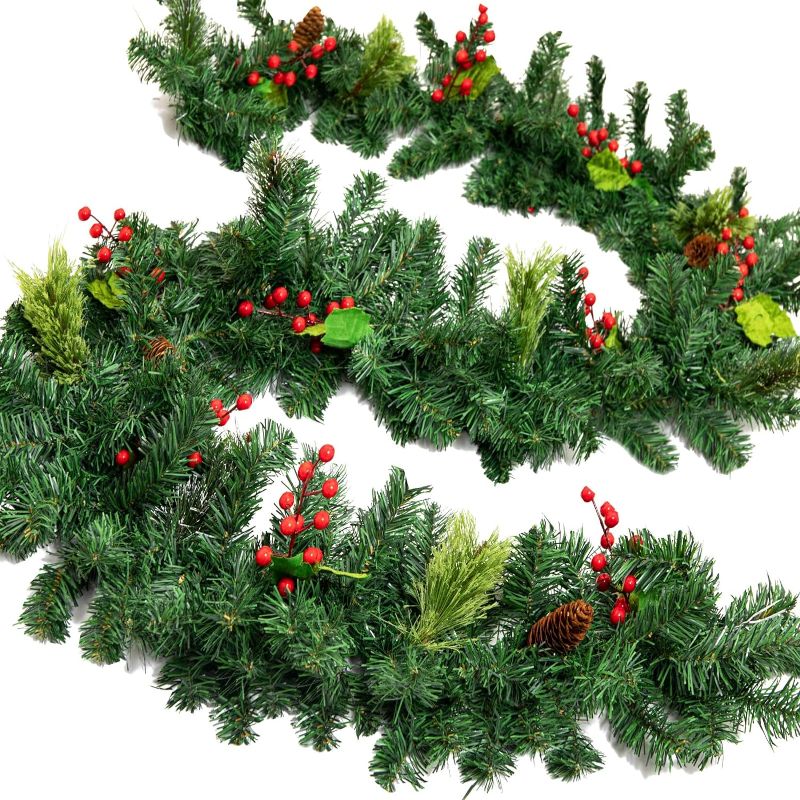 Photo 1 of DGSHIRLDJO 9 FT Christmas Garland, Artificial Mixed with Pine Cones, Red Berries, Abundant Christmas Wreath for Home Stairs Fireplace Front Porch Door Display Indoor Outdoor Christmas Decoration
