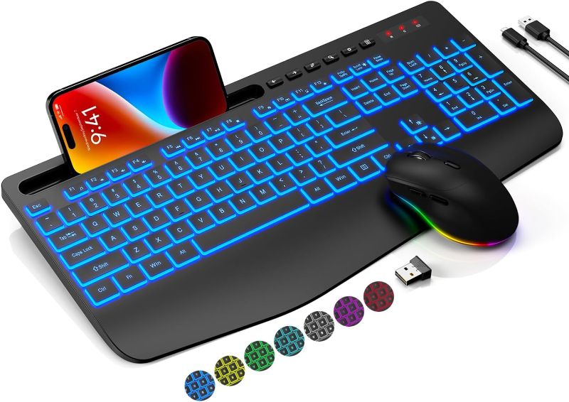 Photo 1 of Wireless Keyboard and Mouse Combo with 7 Colored Backlits, Wrist Rest, Rechargeable Ergonomic Keyboard with Phone Holder, Silent Lighted Full Size Combo for Window, Mac, PC, Laptop-Trueque (Black)
