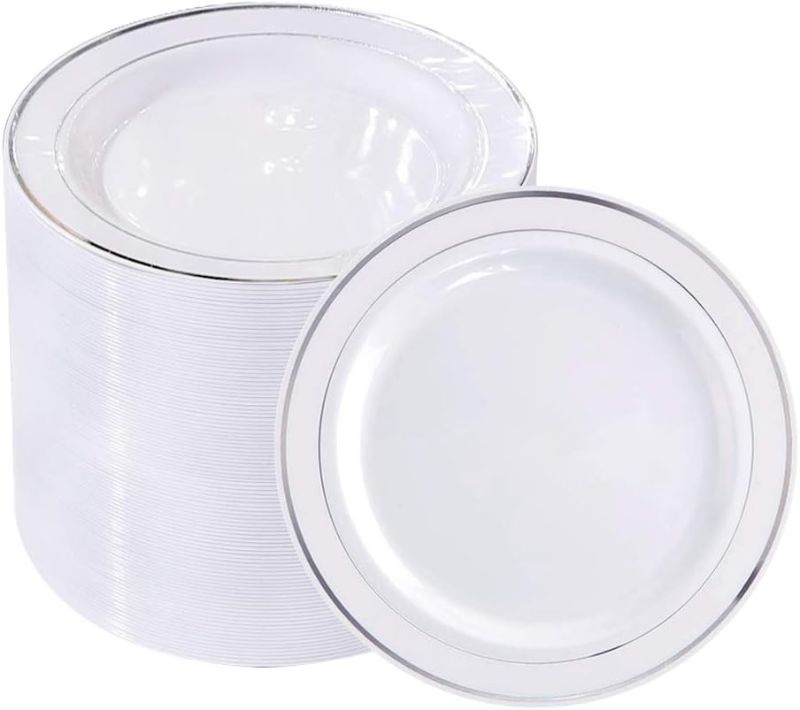 Photo 1 of bUCLA 80Pieces Silver Plastic Plates -6.25inch Disposable Salad/Dessert Plates- White with Silver Rim Premium Hard Plastic Appetizer Plates/Small Cake Plates for Weddings& Parties
