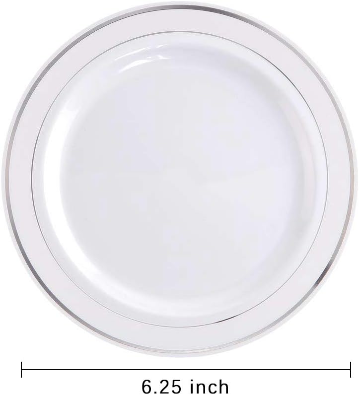 Photo 2 of bUCLA 80Pieces Silver Plastic Plates -6.25inch Disposable Salad/Dessert Plates- White with Silver Rim Premium Hard Plastic Appetizer Plates/Small Cake Plates for Weddings& Parties
