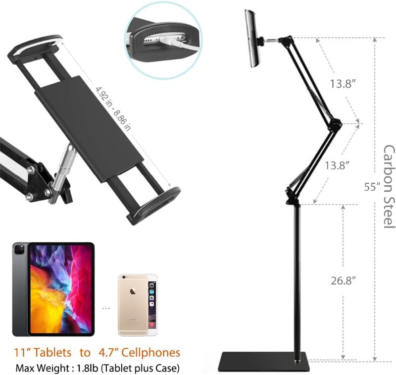 Photo 3 of Tablet Floor Stand, Overhead Bed Phone Stand Angle Height Adjustable Holder, Universal Floor Stand Compatible with iPhone iPad Pro Air Mini, Samsung Tab, Kindle, E-Readers…
