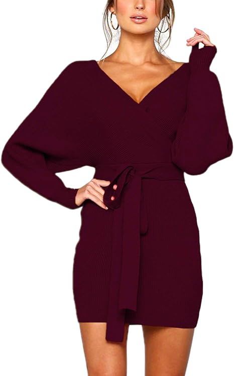 Photo 1 of Mansy Women's Sexy Cocktail Batwing Long Sleeve Backless Mock Wrap Knit Sweater Mini Dress
