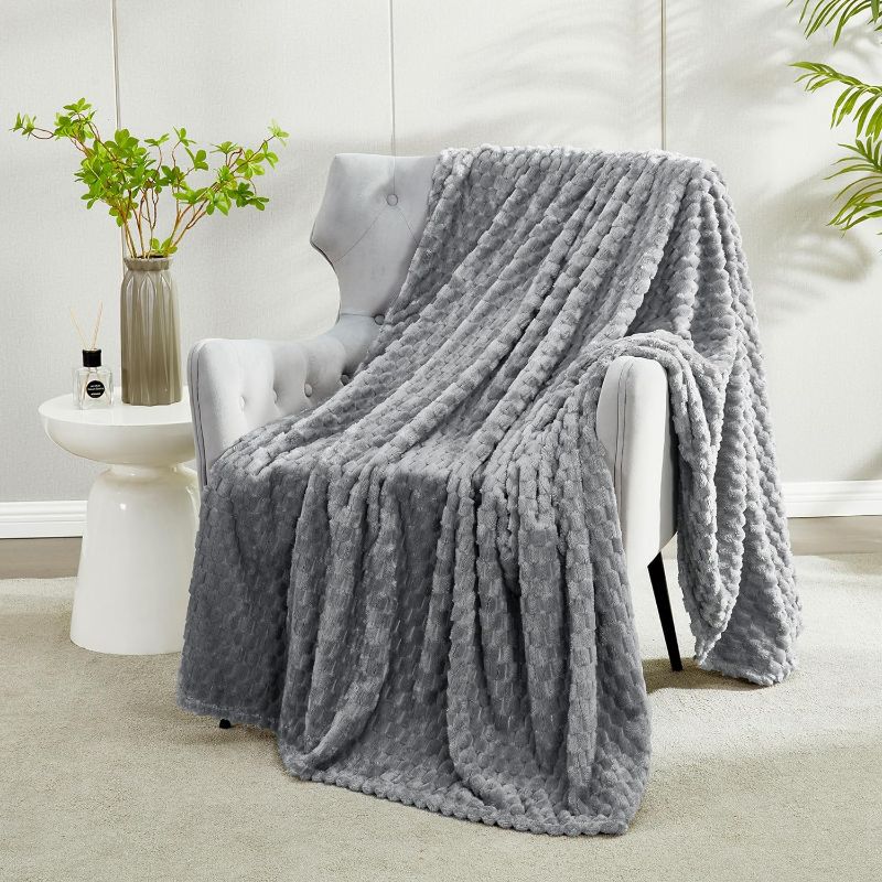 Photo 2 of DREAMNINE Decorative Soft Plush Fleece Throw Blanket for Couch Sofa 50" x 60", Luxury Shaggy Lightweight 3D Pattern Velvet Flannel Blanket for Bedroom, Solid Cute Warm Lap Blanket for Winter Pet, Grey
