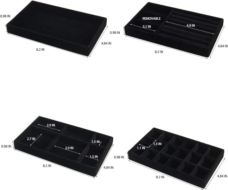 Photo 2 of CLA JLT Black Stackable Velvet Jewelry Organizer for Drawers Inserts Earrings Bracelets Necklace Rings Accessories Trays Set of 4 (BLACK A)
