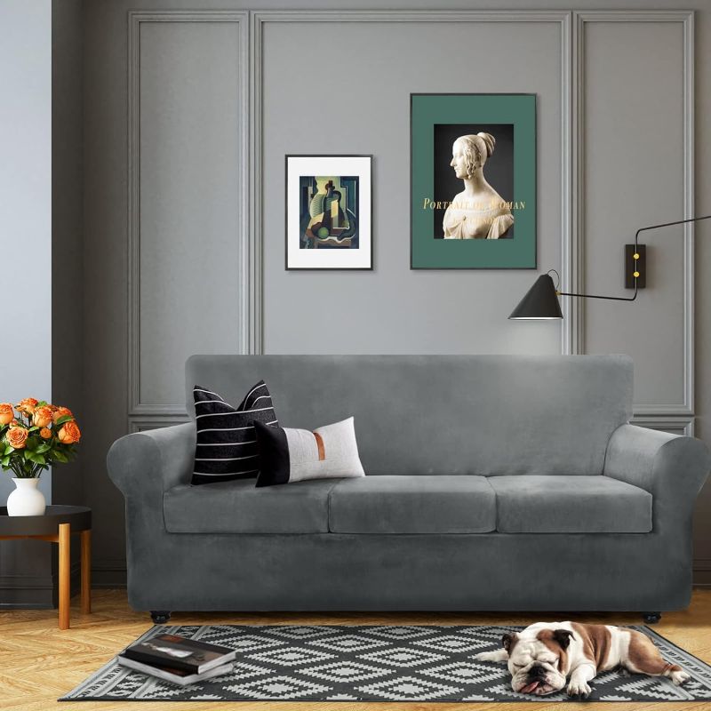 Photo 1 of ZNSAYOTX Luxury Velvet Couch Cover 4 Piece Stretch Sofa Covers for 3 Cushion Couch Thick Soft Spandex Sofa Slipcover Living Room Anti Slip Dogs Pet Furniture Protector (Grey), 71"-91"(3 Cushions)
