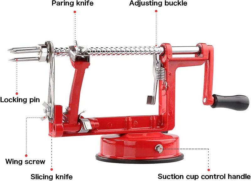 Photo 2 of Apple Peeler Corer, Long lasting Chrome Cast Magnesium Alloy Apple Peeler Slicer Corer with Stainless Steel Blades and Powerful Suction Base for Apples and Potato(Red)

