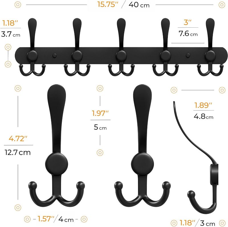 Photo 3 of SAYONEYES Black Coat Rack Wall Mount with 5 Tri Hooks for Hanging – 16 Inch Heavy Duty Stainless Steel Rustic Coat Rack Wall Mount – Hat Rack, Hanger, Clothes, Jacket Hooks Wall Mount – 1 Pack
