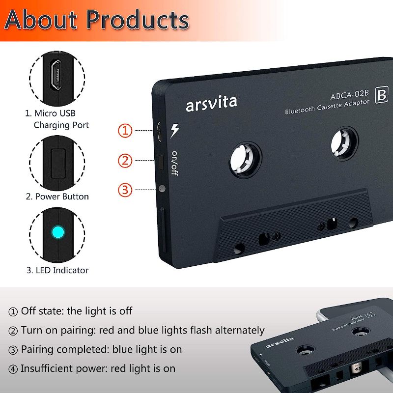 Photo 5 of Arsvita Car Audio Bluetooth Wireless Cassette Receiver, Tape Player Bluetooth 5.0 Cassette Aux Adapter, Black
