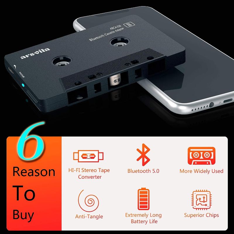 Photo 2 of Arsvita Car Audio Bluetooth Wireless Cassette Receiver, Tape Player Bluetooth 5.0 Cassette Aux Adapter, Black
