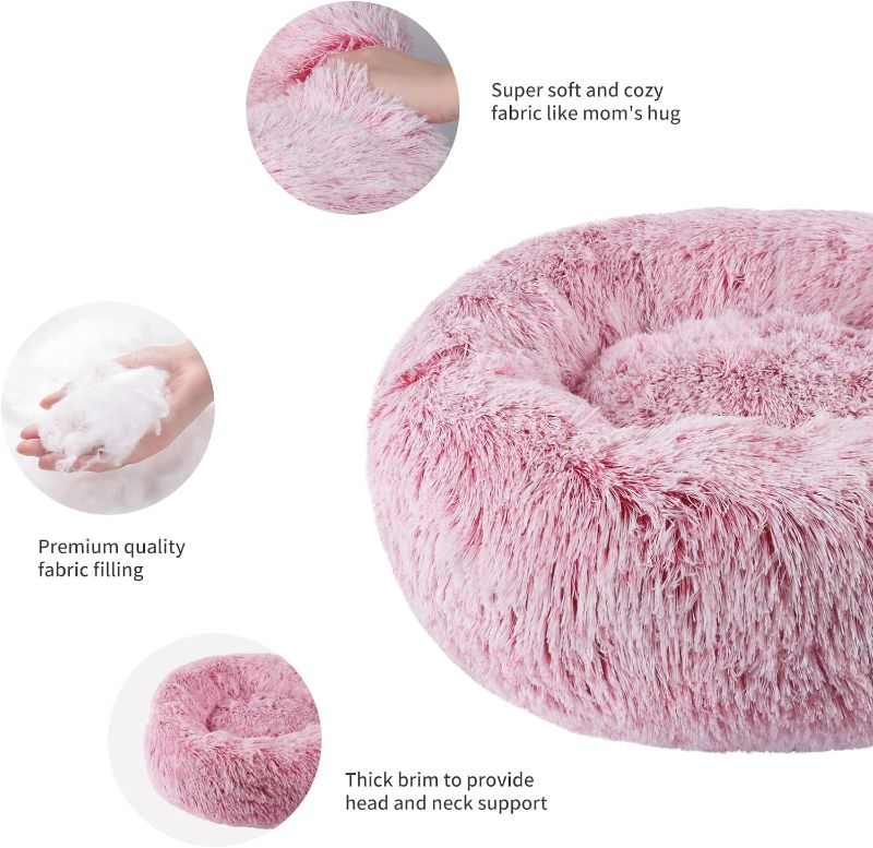 Photo 3 of ZEJEUER Cat Bed, Small Dog Bed, Round Donut Washable Plush Fluffy Faux Fur Soft Cushion Beds for Indoor Pets

