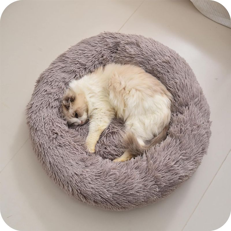 Photo 1 of Gavenia Cat Beds for Indoor Cats, 23.6''x23.6'' Washable Donut Bed, Plush Cushion, Waterproof Bottom, Calming & Self-Warming, Beige Brown
