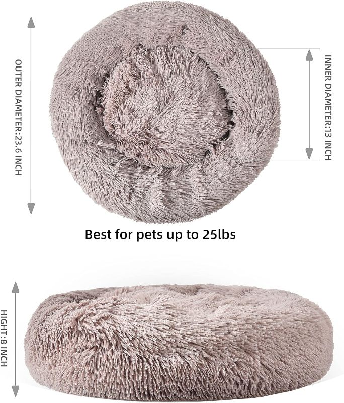 Photo 2 of Gavenia Cat Beds for Indoor Cats, 23.6''x23.6'' Washable Donut Bed, Plush Cushion, Waterproof Bottom, Calming & Self-Warming, Beige Brown
