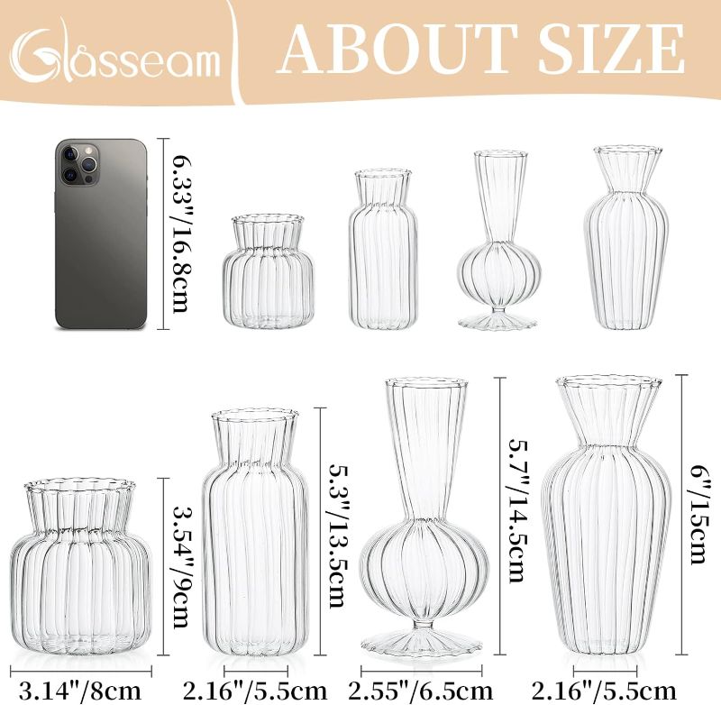 Photo 2 of Modern Clear Glass Bud Vase Set: Glasseam 8Pcs Small Mini Flower Centerpieces Vases Handmade Decorative Cute Short Window Home Decor for Wedding Reception Dining Table Single Rose
