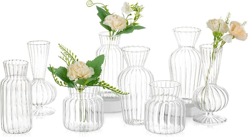 Photo 1 of Modern Clear Glass Bud Vase Set: Glasseam 8Pcs Small Mini Flower Centerpieces Vases Handmade Decorative Cute Short Window Home Decor for Wedding Reception Dining Table Single Rose
