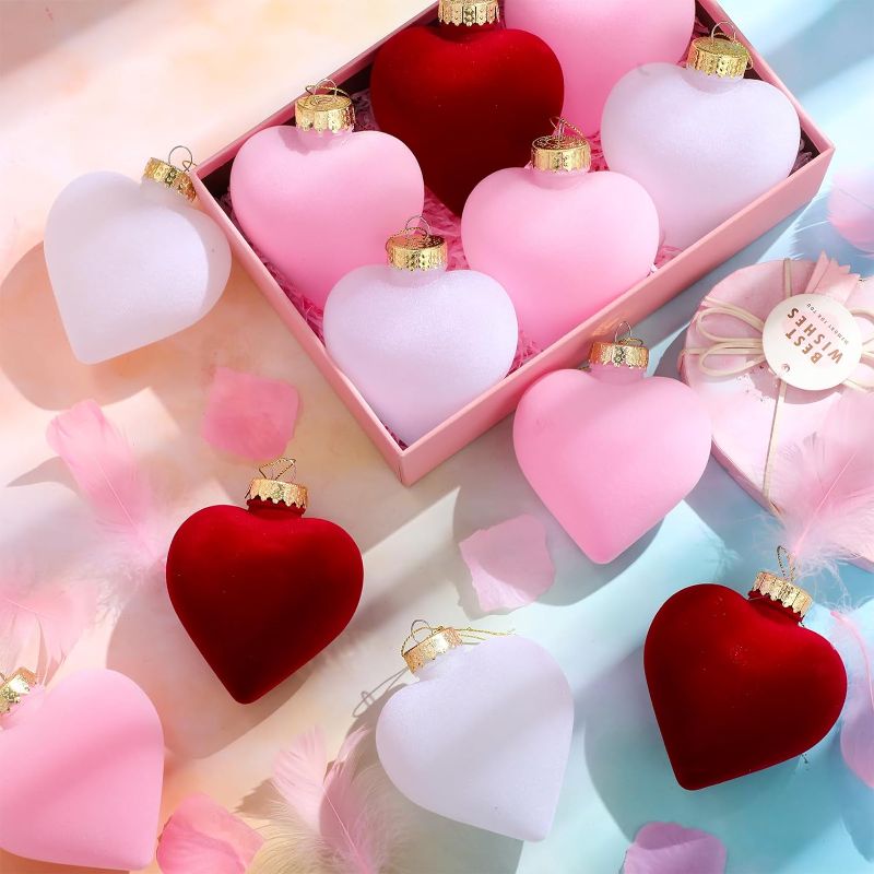 Photo 1 of Moucuny 12 Pcs Valentine's Day Hanging Heart Ornaments 3.15 Inch Heart Shaped Tree Baubles Valentine Velvet Ball Ornaments Valentine Tree Decorations and Ornaments for Wedding Party, Pink, Red, White
