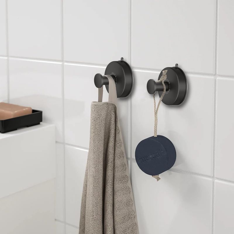 Photo 2 of DGYB Suction Cup Hooks for Shower 2 Pcs Matte Black Towel Hooks for Bathrooms SUS 304 Stainless Steel Shower Hooks for Inside Shower 15 Lb Modern Suction Hooks for Shower Wall
