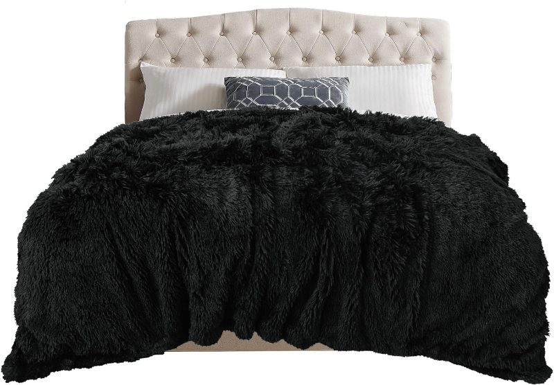 Photo 1 of TOONOW Extra Soft Fuzzy Faux Fur Blanket Queen Size 78"x90", Reversible Lightweight Decorative Blankets and Throws Super Soft Cozy Microfiber Fleece Fuzzy Blankets for Couch Bed, Black
