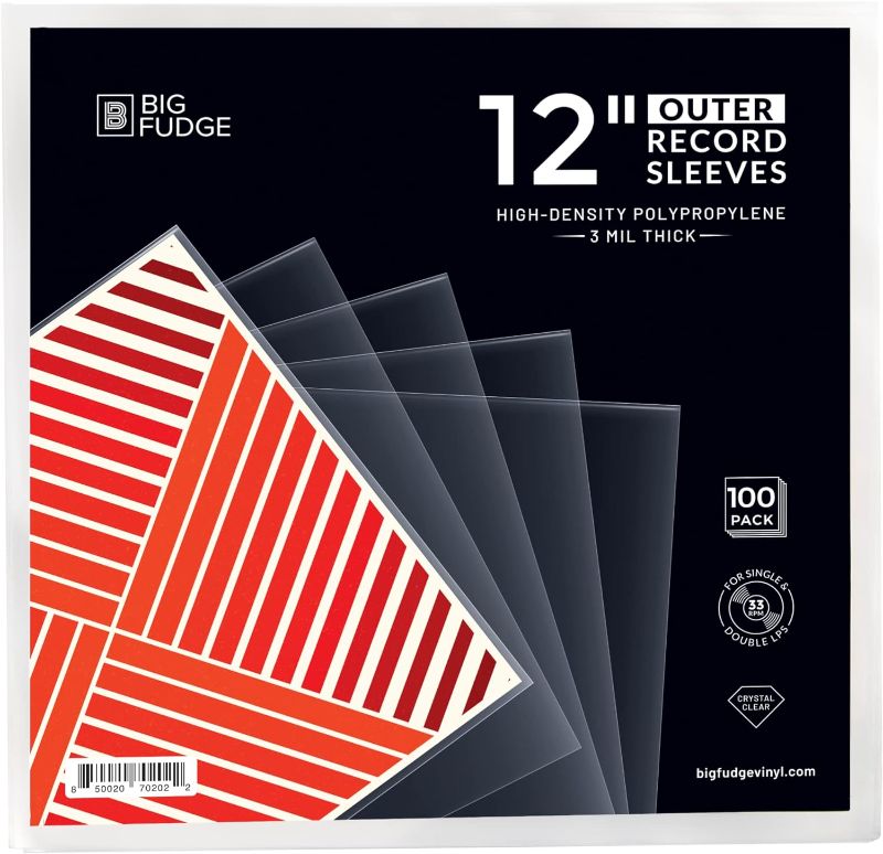 Photo 1 of BIG FUDGE 100x Vinyl Record Outer Sleeves 12" LP | Durable & Wrinkle-Free | Crystal Clear & Made from High-Density Polypropylene | 3 mil Thick, 12.75” x 12.75” | Fits Most Gatefolds and Double LPs
