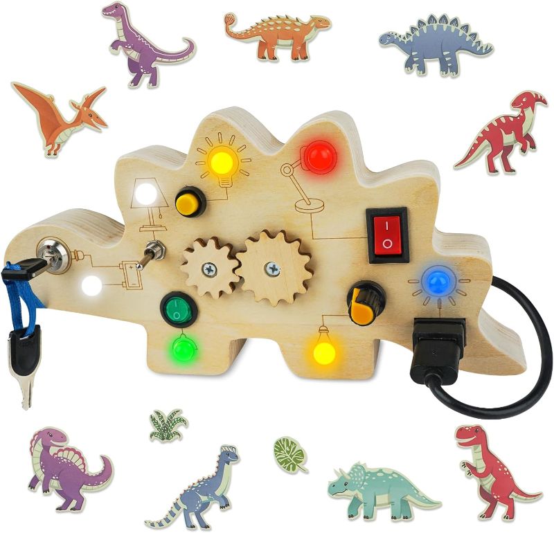 Photo 1 of SUPKIZ Toddler Busy Board, Montessori Toys for 1-3 + Year Old Baby, Wooden Busy Board with Led Light, Dinosaur Toddler Toys Sensory Toys Travel Toys for Age 1 2 3 + Boy Girl Birthday Gift
