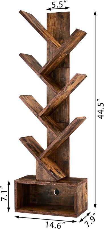 Photo 3 of Hoctieon 6 Tier Tree Bookshelf, Tall Bookcase with Drawer, Freestanding Book Shelf, Display Floor Standing Storage Shelf, Book Organizer Shelves for Home Office, Rustic Brown
