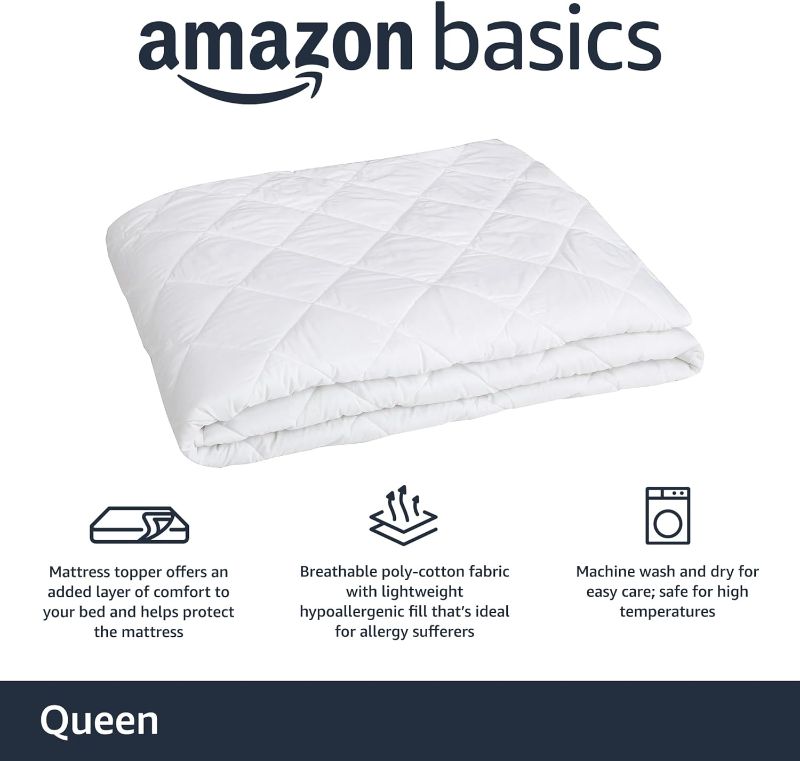 Photo 2 of Amazon Basics Hypoallergenic Quilted Mattress Topper Pad, 18 Inches Deep, Queen, White
