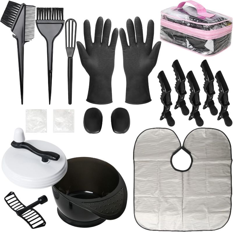 Photo 1 of ROOHUA 17 Pieces Hair Dye Coloring Kit- Hair Tinting Bowl, Hair agitator, Dye Brush, Ear Cover, Hairpin, Hair Coloring Cape For Hair Dye Tools
