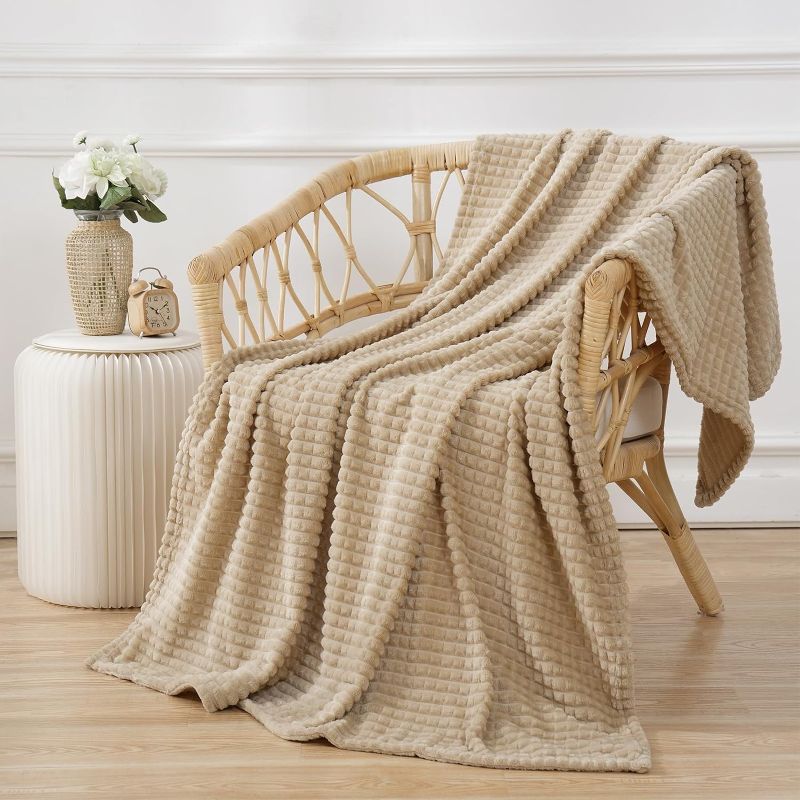 Photo 1 of Puncuntex Flannel Fleece Beige Throw Blanket 50"×60",Super Soft Plush Cozy Blanket with 3D Jacquard Square Grid Design Luxury for Couch Sofa Chair,Khaki
